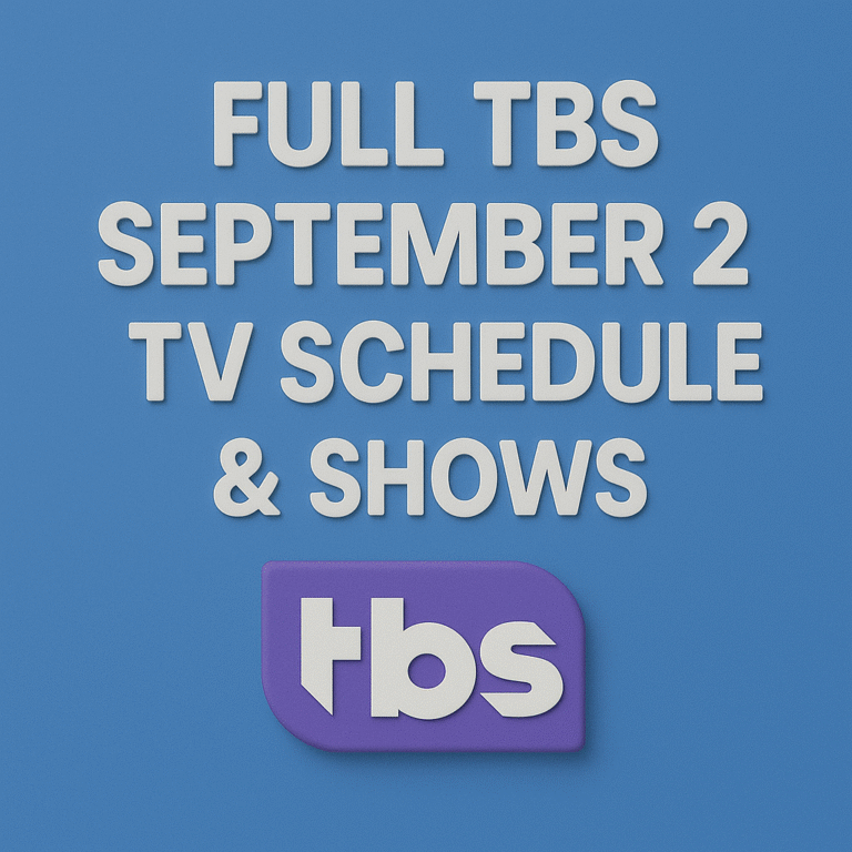 3D modern blue design showing the text 'Full TBS September 2025 TV Schedule & Shows' with the official TBS logo in a purple rounded square beneath the text.