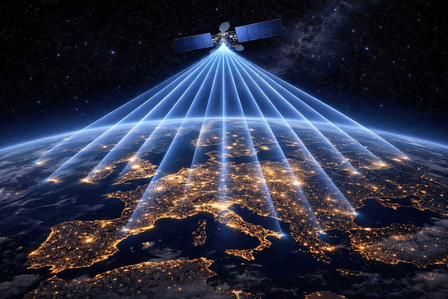 Astra 19.2°E satellite signal beams delivering consistent TV quality across European regions.