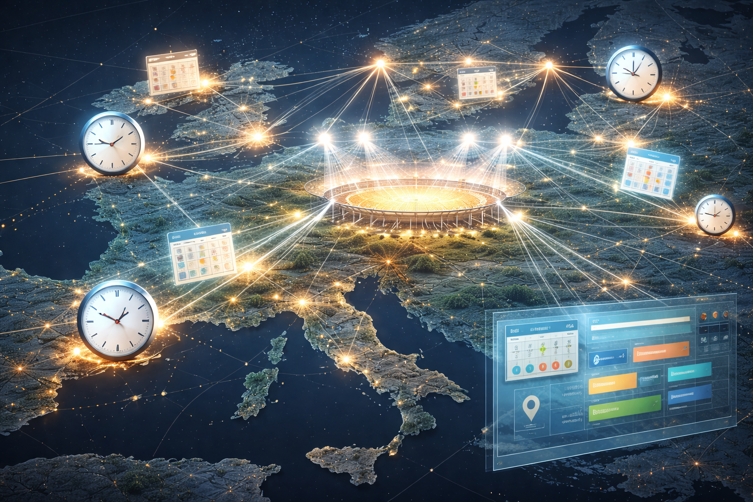 Illustration explaining how live football match schedules are planned in Europe.