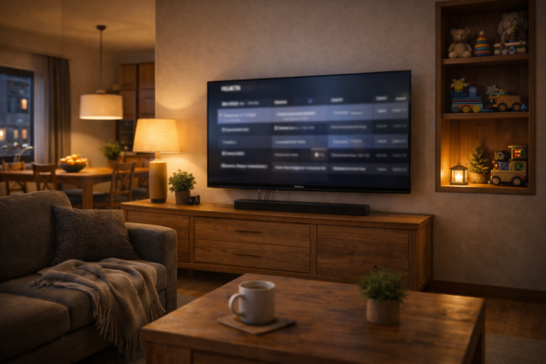 Tidy Austrian living room in 2026 with smart TV and daily family viewing routine