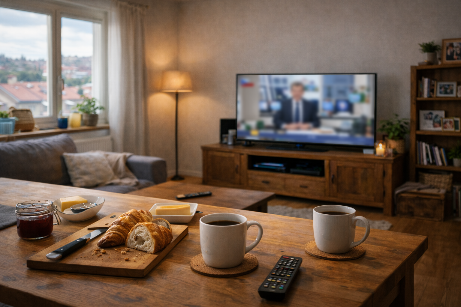 Daytime Czech home interior with TV in the background during a normal routine in 2026.