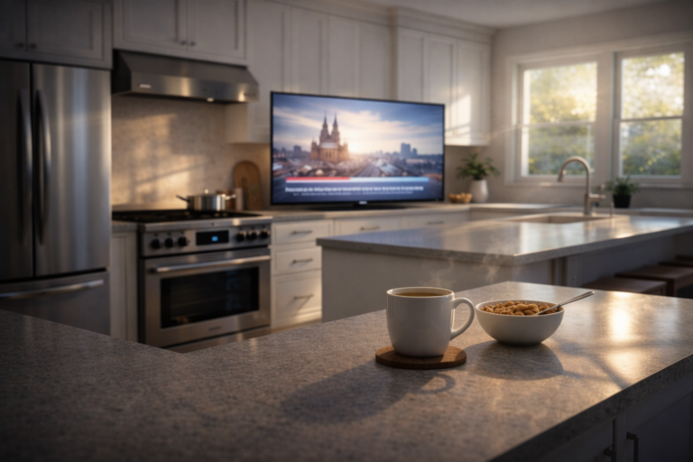 European television playing in an American kitchen routine showing how it fits daily viewing habits in the USA.