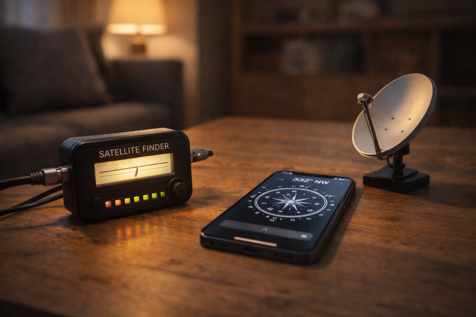 Indoor satellite alignment tools used to prepare for Astra 28.2E setup in 2026.