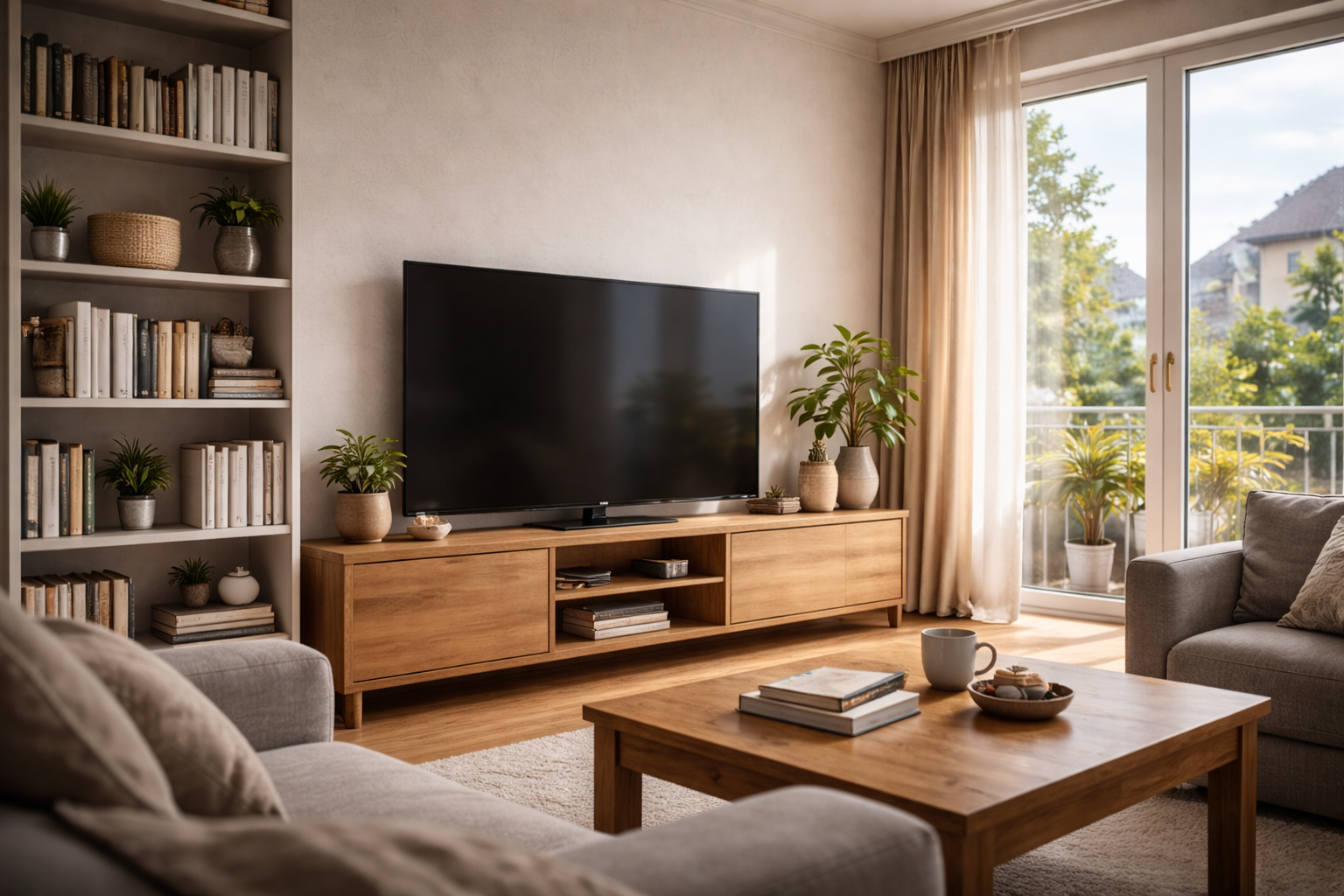Modern German apartment interior with television integrated into the living space in 2026.