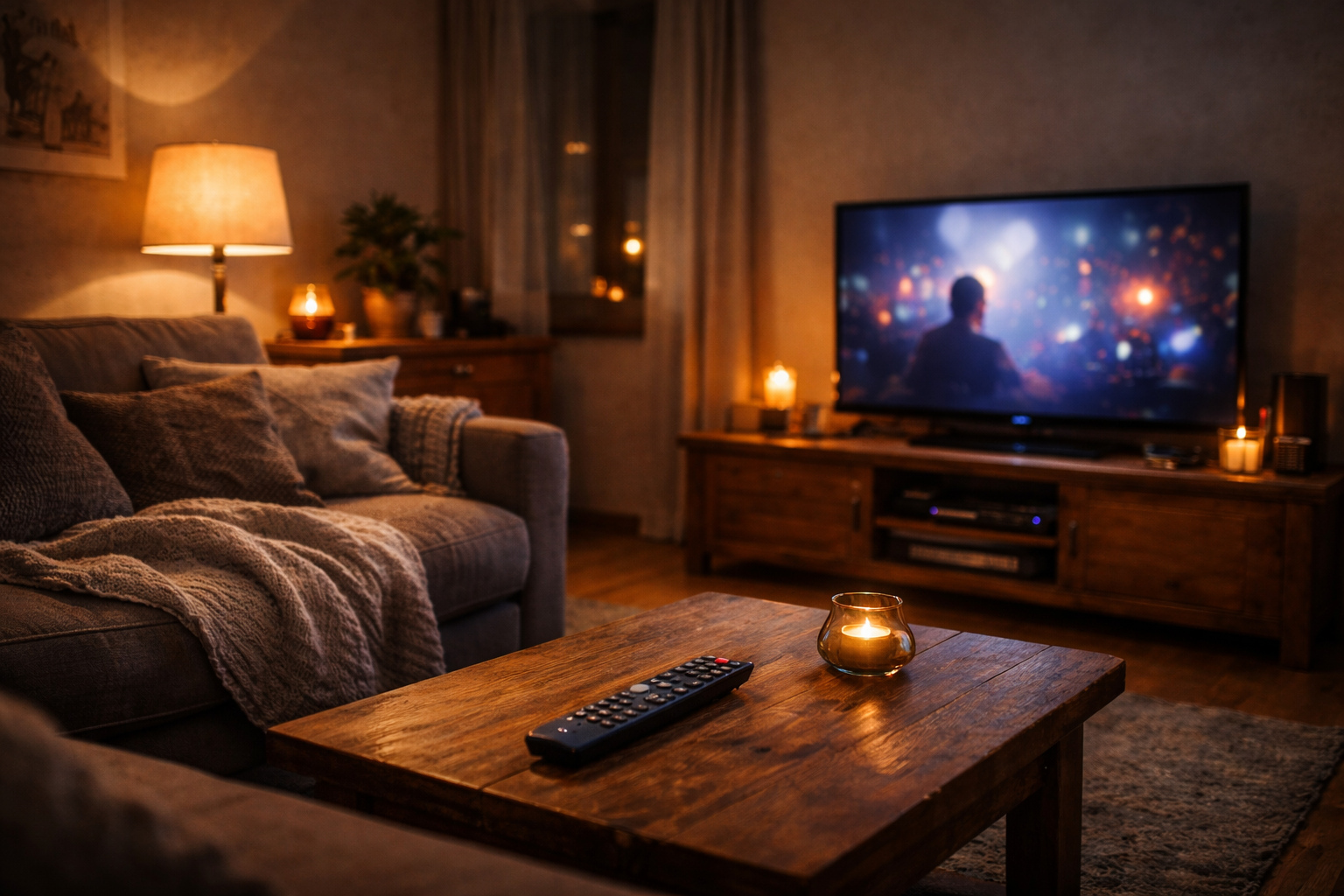 Nighttime Czech living room with TV on during prime time viewing in 2026.