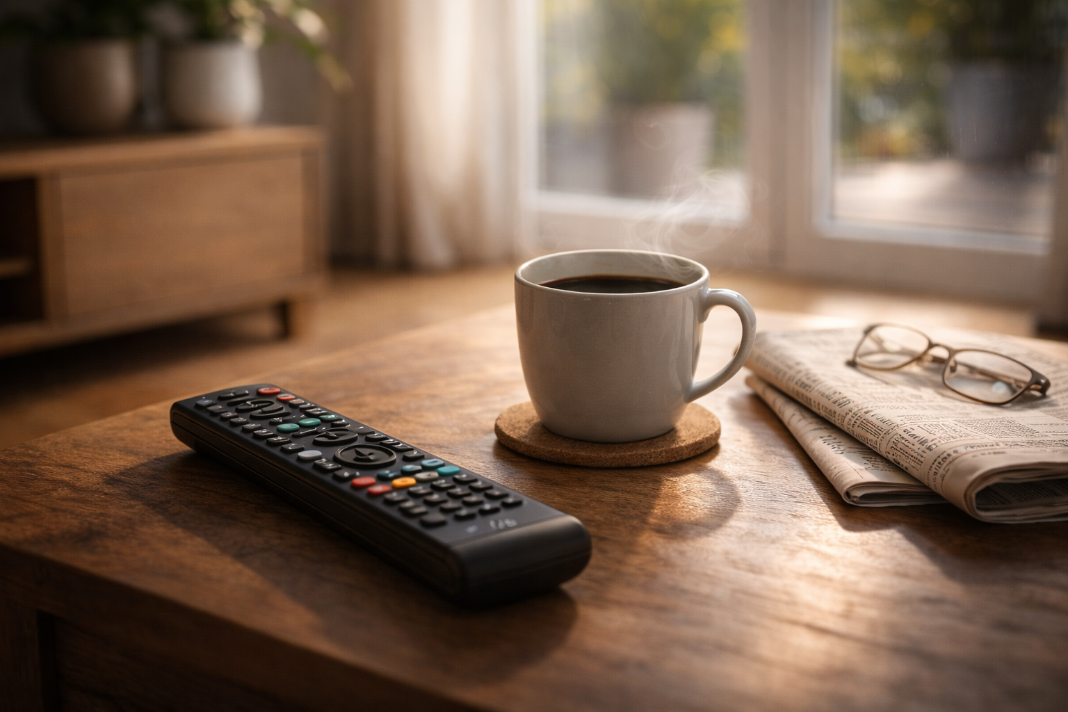 TV remote and morning setup showing everyday viewing of popular TV channels in Germany in 2026.