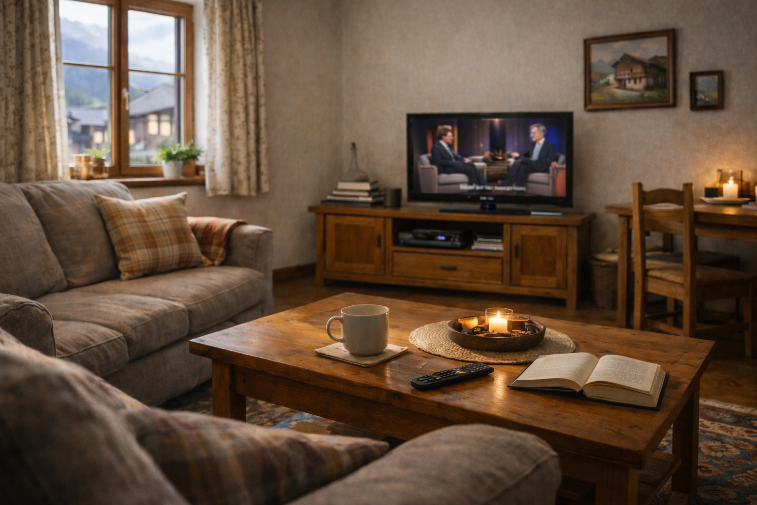 Weekend afternoon Austrian living room with English TV background 2026
