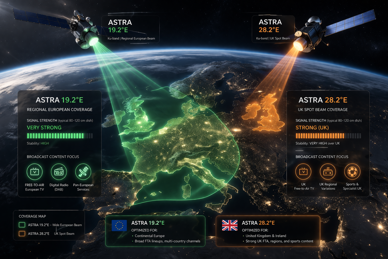 Astra 19.2E wide coverage vs Astra 28.2E UK focused beam comparison