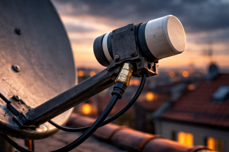 Satellite dish LNB mounted on arm receiving Astra signal.