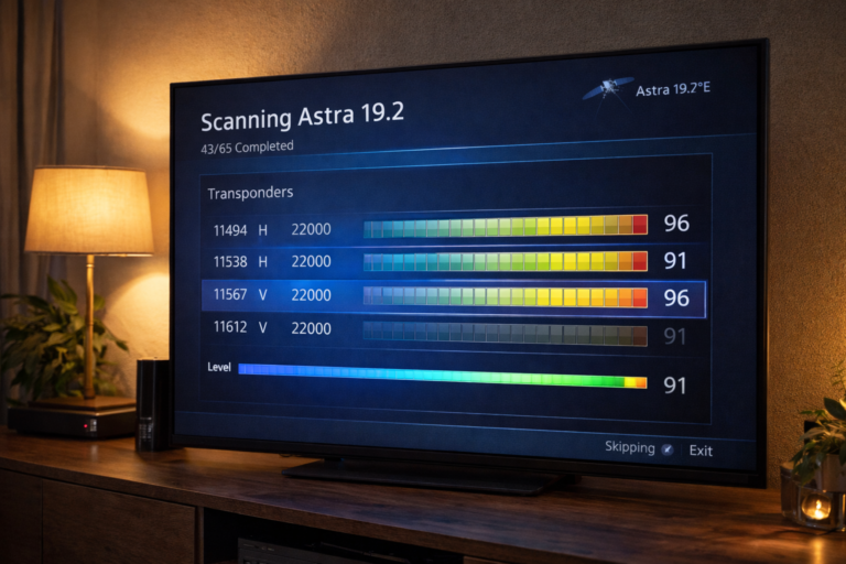 Satellite receiver scanning Astra 19.2 transponders.