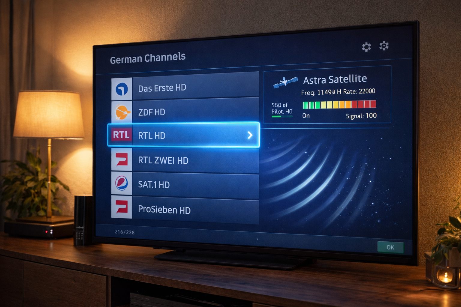 Television screen displaying German channels received from Astra 19.2 satellite.