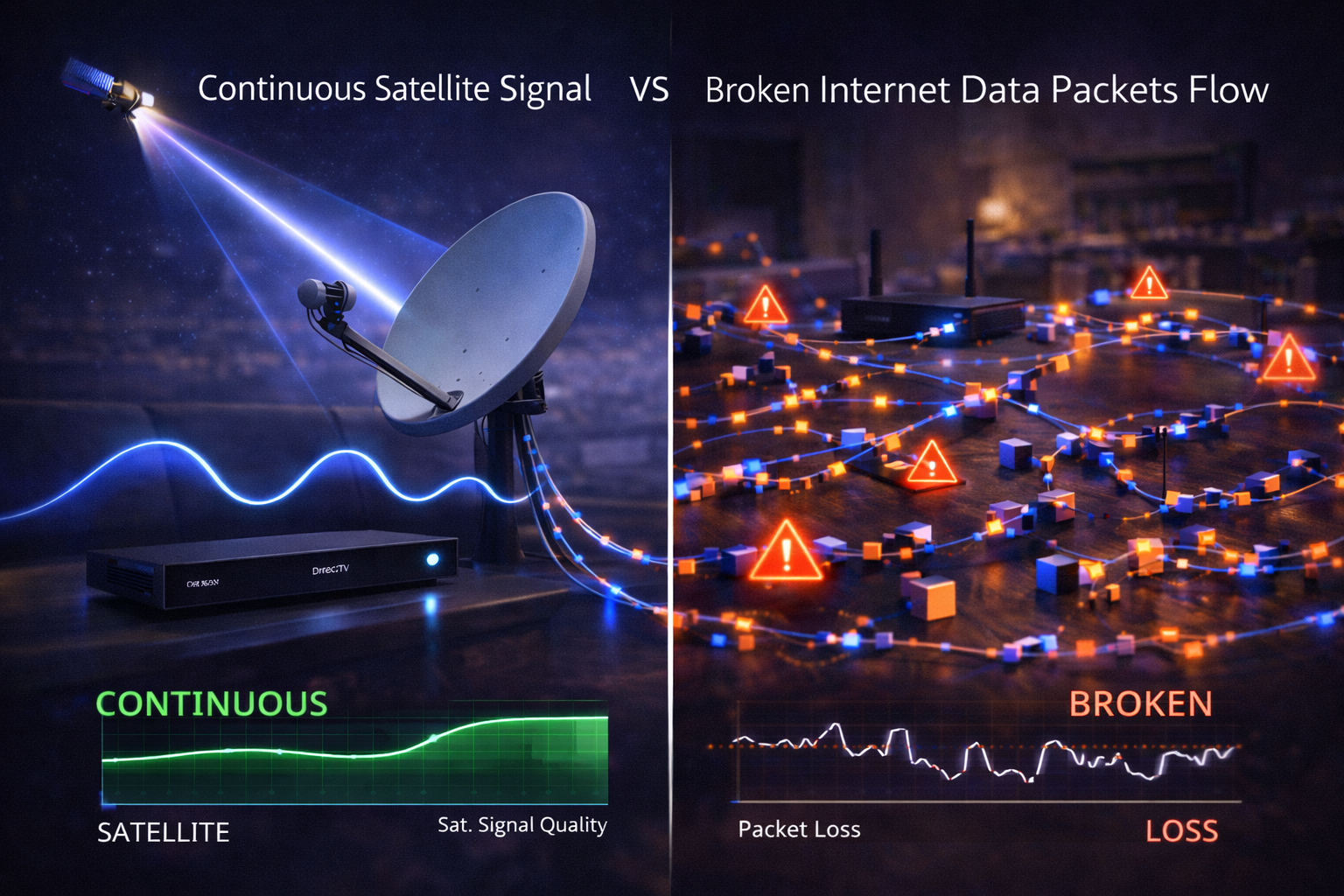 Comparison between stable satellite signal and interrupted internet packet transmission