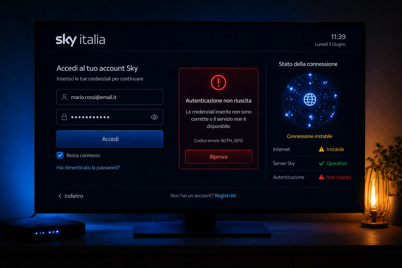 Sky Italia login error screen due to authentication issues