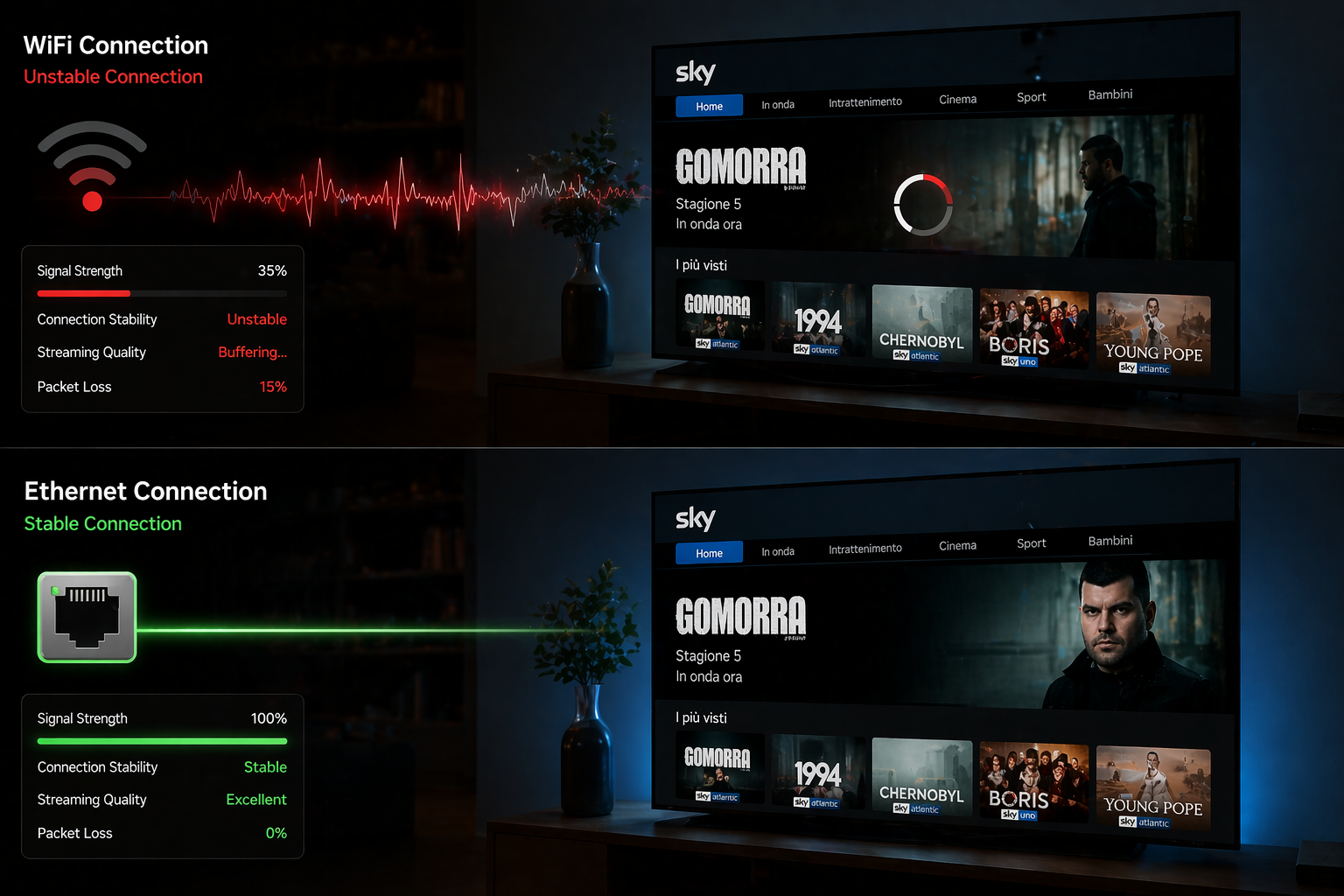 Sky Italia performance comparison between WiFi and Ethernet connection