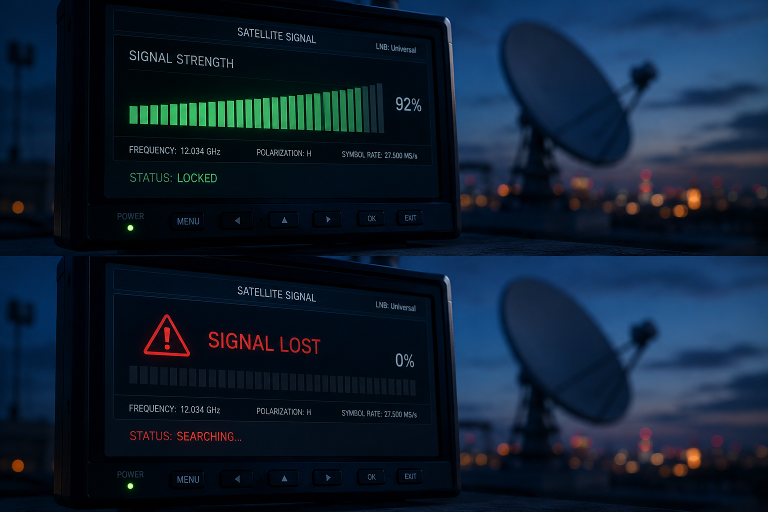 Eutelsat 16E signal strength appears high before sudden signal loss.