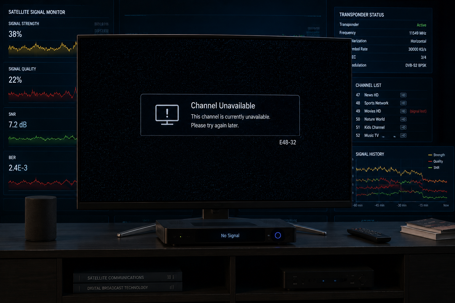 Satellite channel disappearing due to unstable signal conditions.