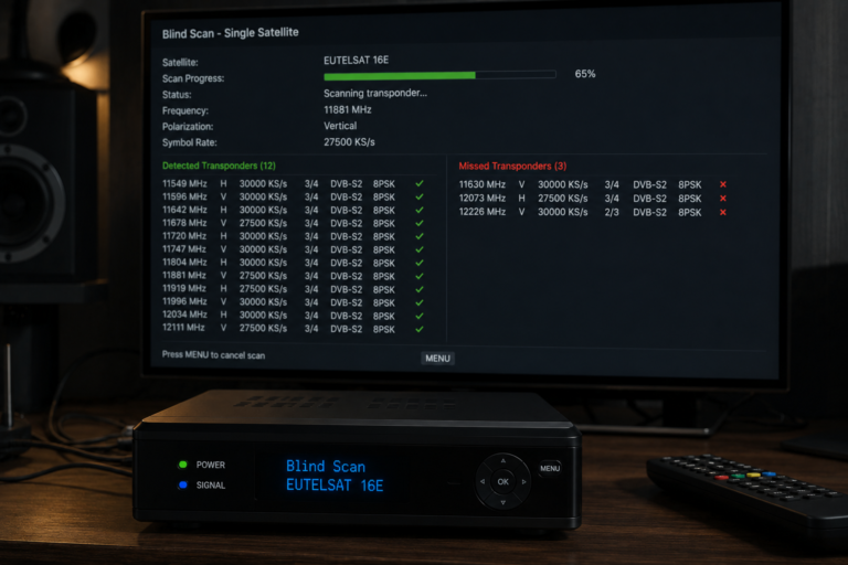 Satellite receiver scanning Eutelsat 16E transponders.