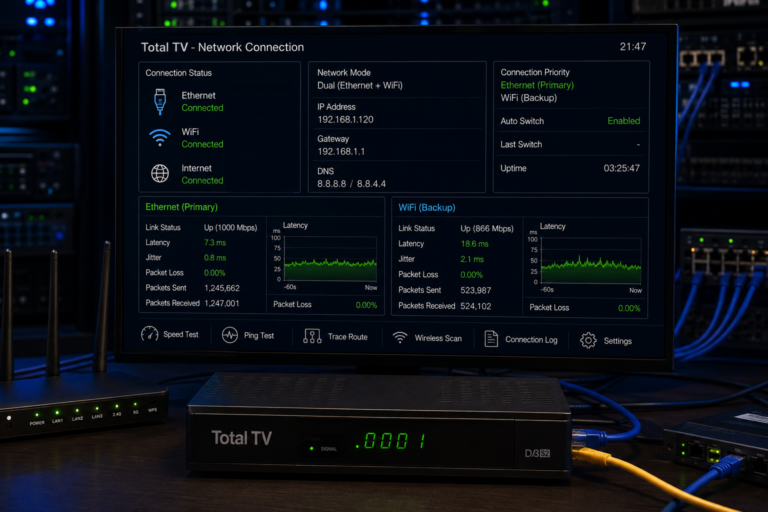 Ethernet and WiFi comparison for a Total TV receiver.