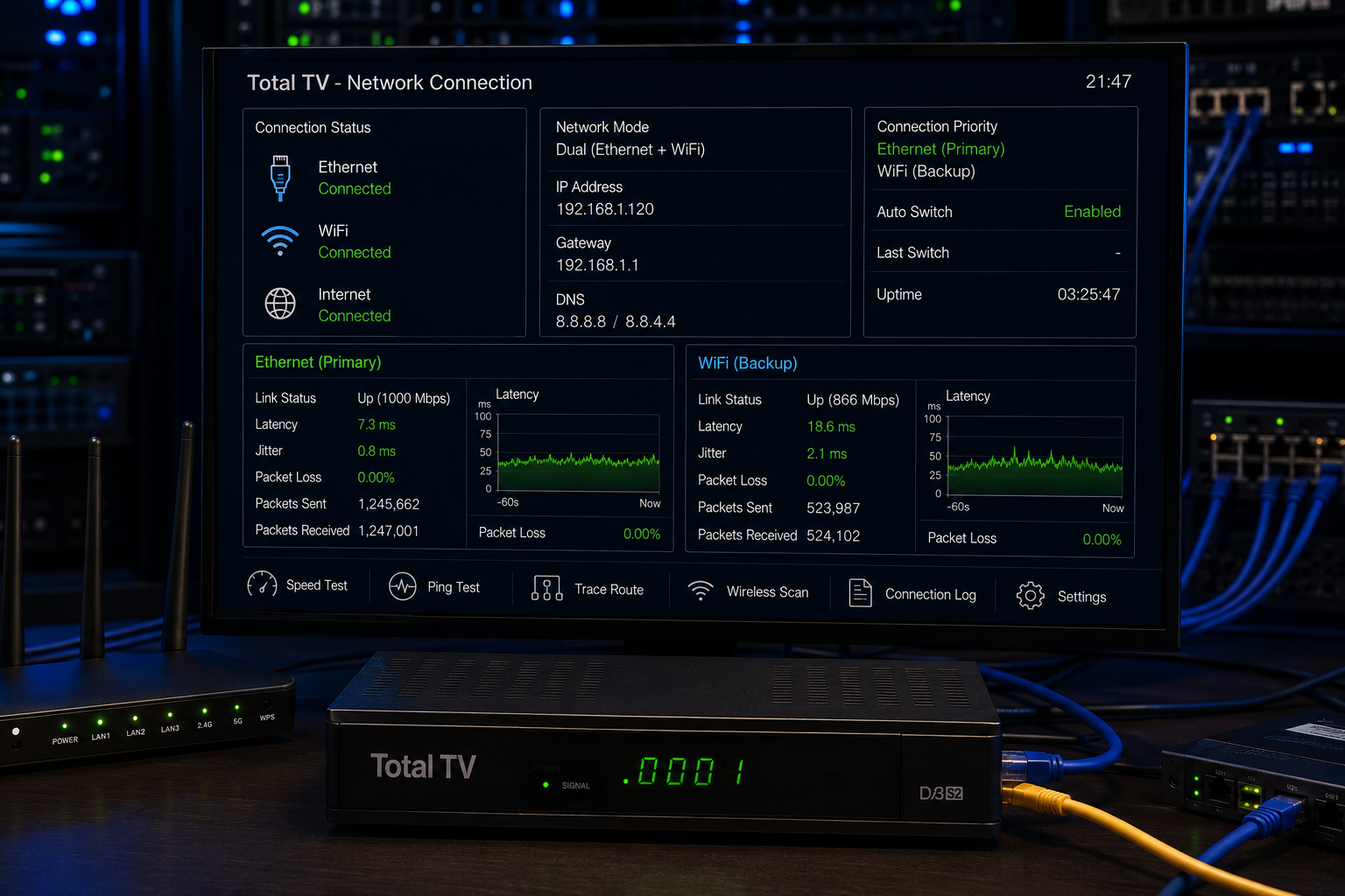 Ethernet and WiFi comparison for a Total TV receiver.
