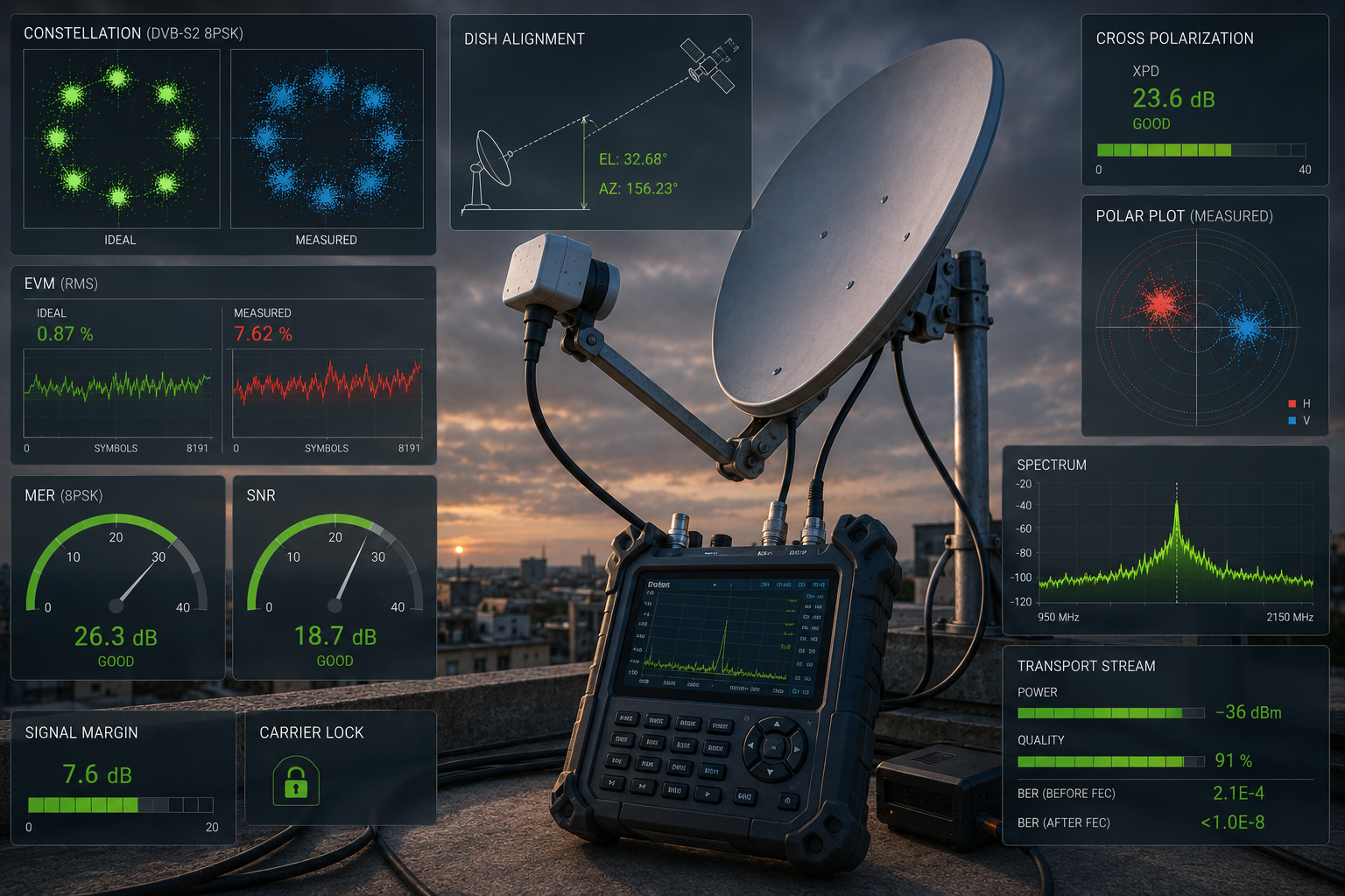 Satellite field meter measuring MER and DVB-S2 constellation quality during dish alignment.