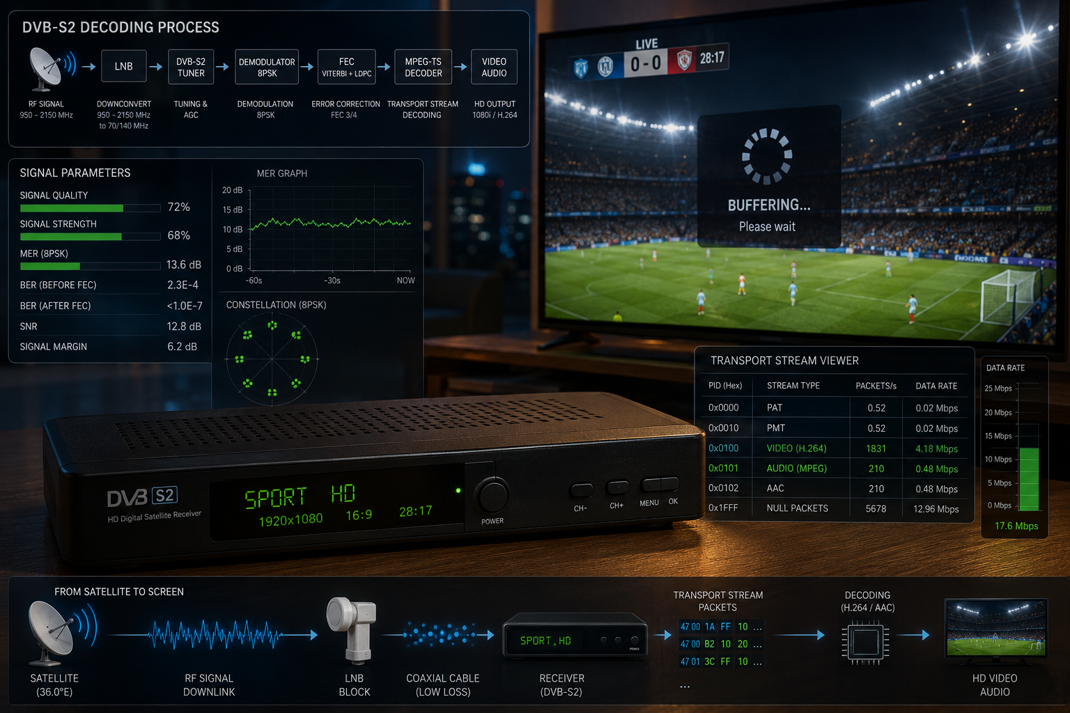Satellite receiver buffering during a live Tring Sports broadcast