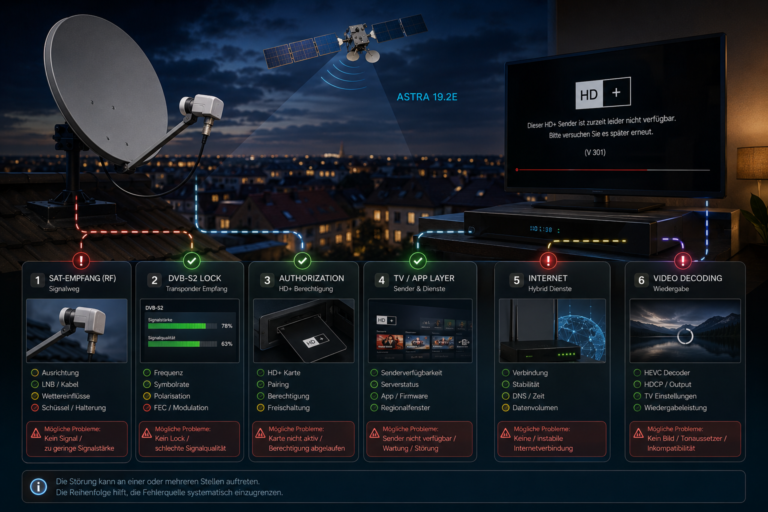 HD+ troubleshooting showing satellite, DVB-S2, authorization, and app-related failure points.
