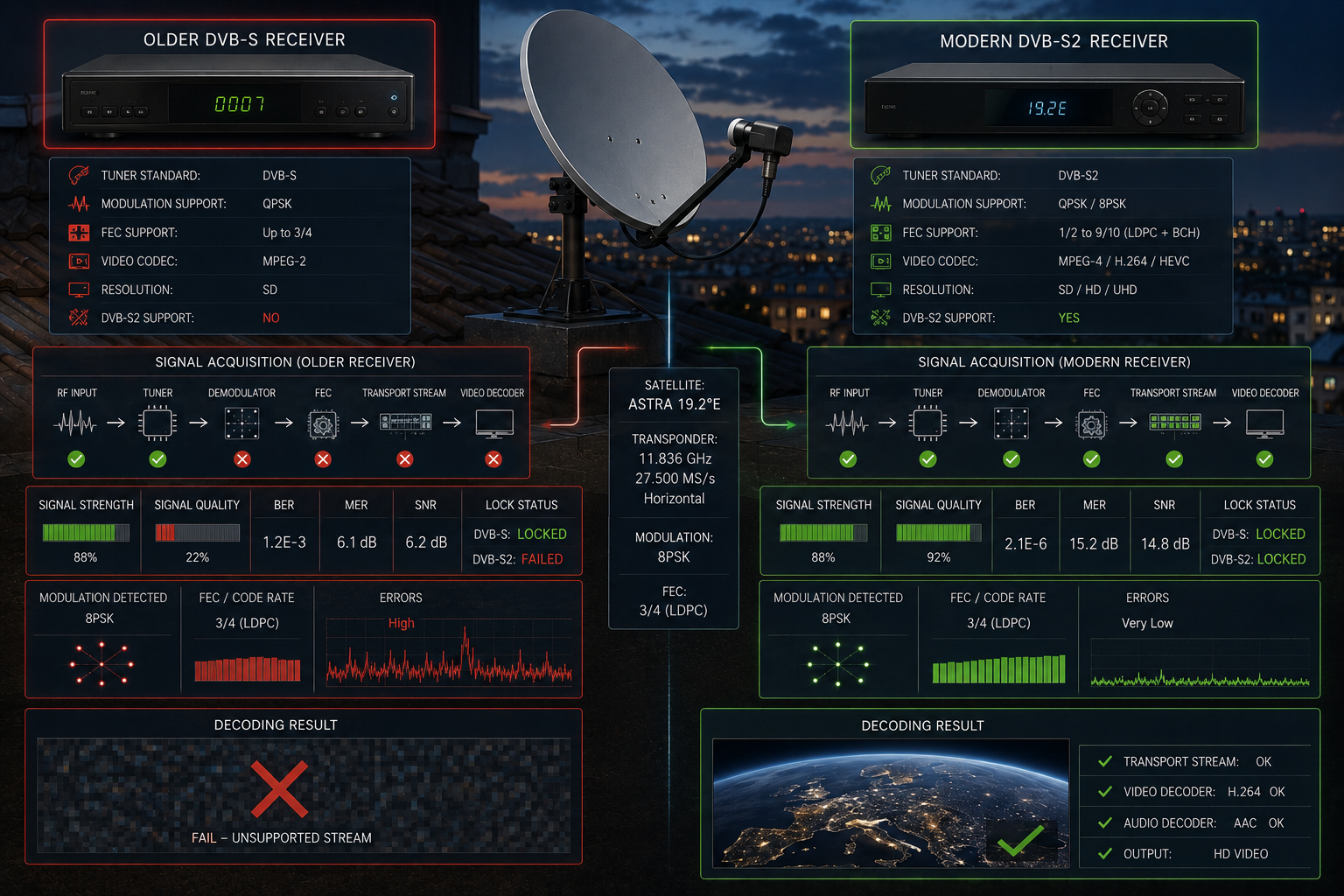 Old DVB-S receiver failing to decode a modern German DVB-S2 HD satellite channel.