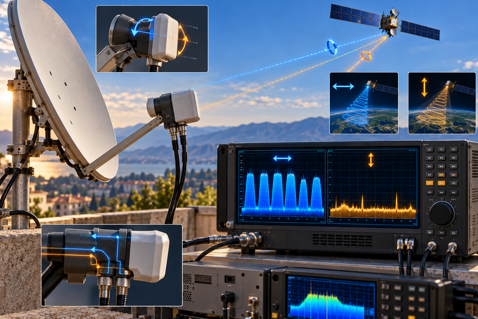 Astra satellite reception system showing healthy and degraded signals on different polarizations.