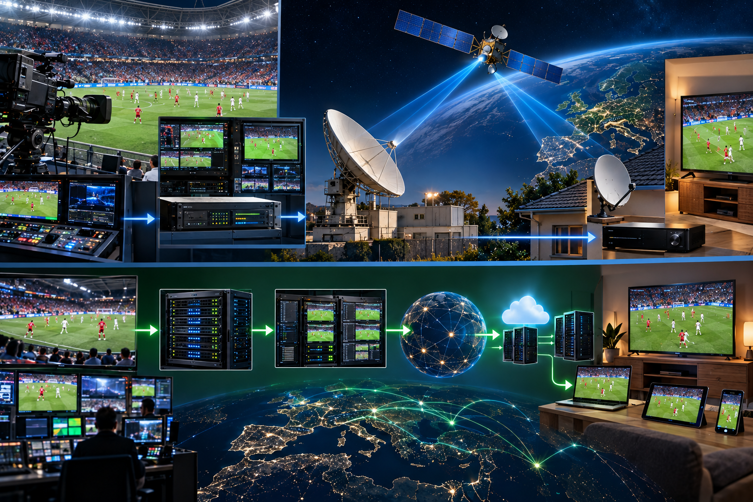 Live football broadcast passing through satellite and OTT distribution stages that contribute to viewing delay.