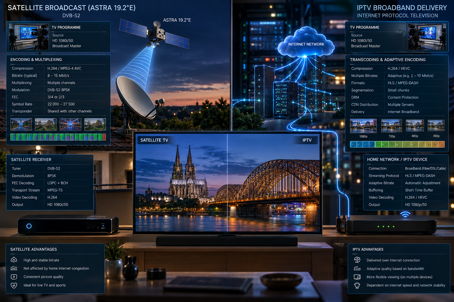 Technical comparison between German Astra satellite TV and IPTV video delivery.