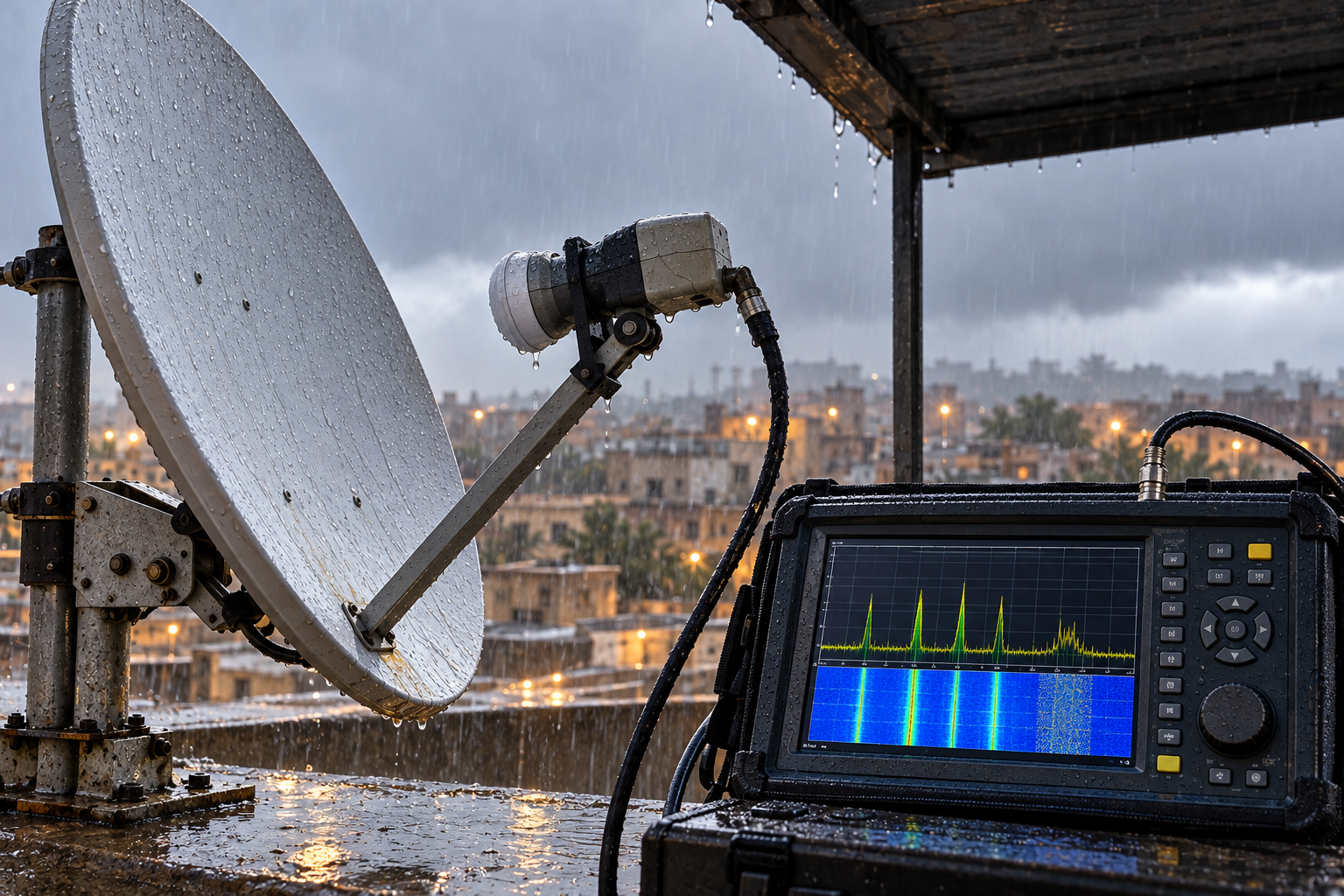 Astra 19.2E satellite dish during rainfall with one degraded transponder visible on an RF spectrum analyzer.