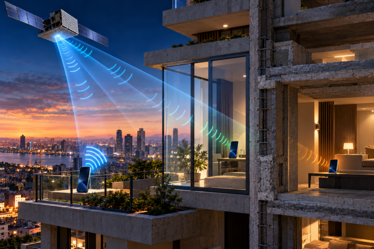 Satellite-to-phone signal passing through a building with increasing RF attenuation indoors.