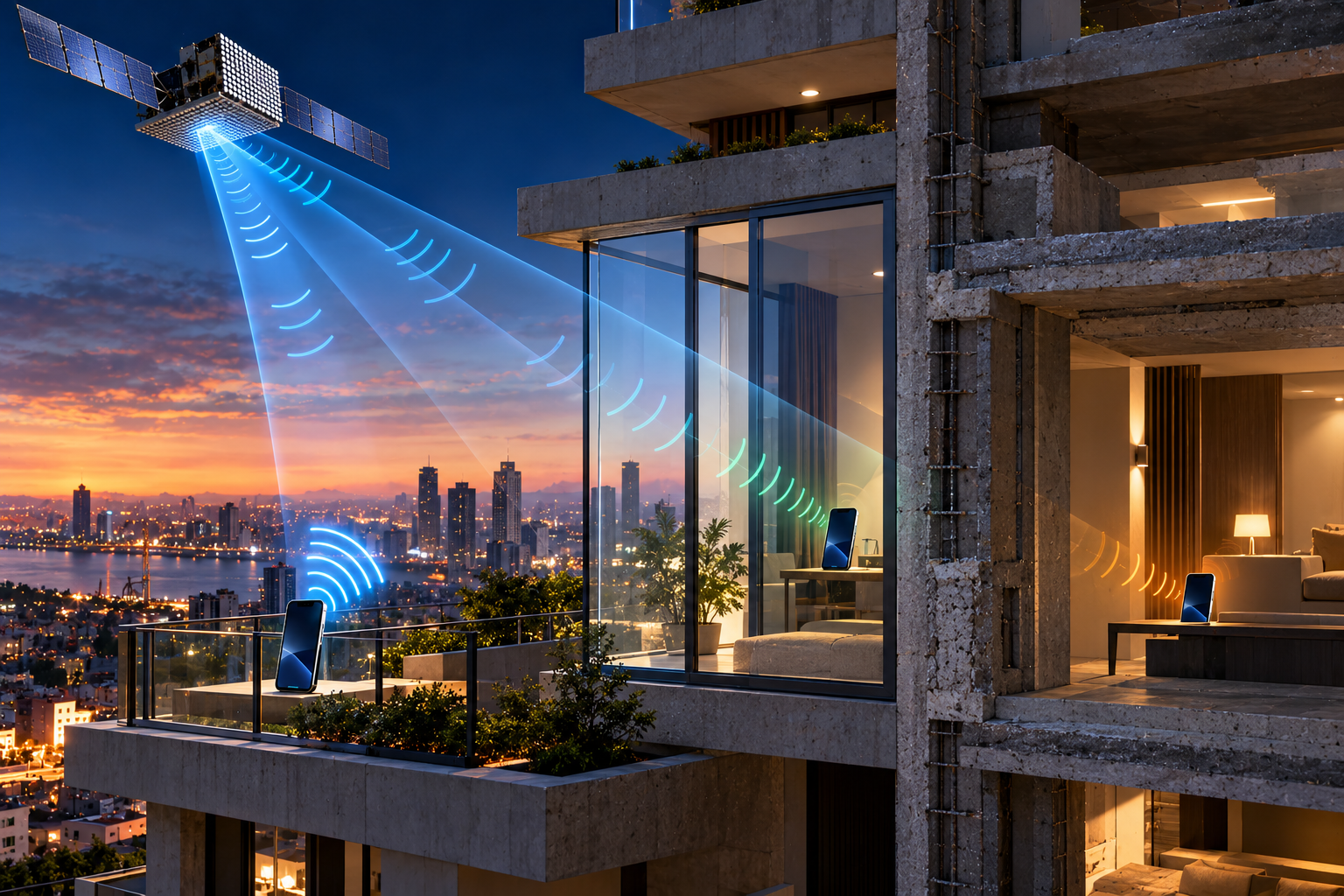 Satellite-to-phone signal passing through a building with increasing RF attenuation indoors.